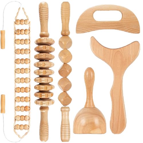 Cnwinu 6 Stück Massageroller Holz Faszienrolle Holz Anti Cellulite Massage Faszienstab Hölzernes Gua Sha-Brett Massage Set für Körperformung Lymphdrainage Muskelschmerzlinderung Anti Cellulite