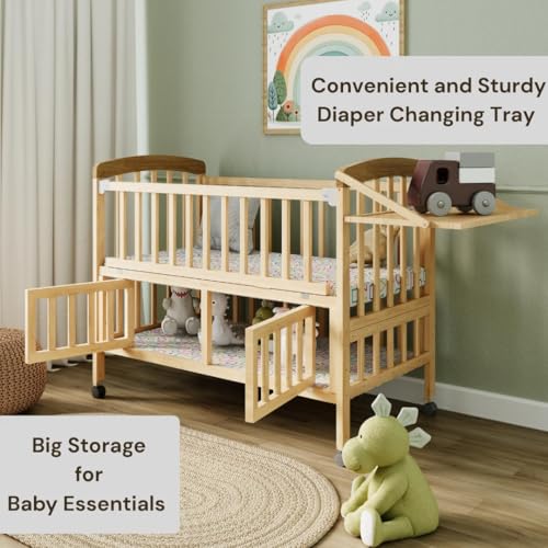 Image of FURNIFEST Wooden Baby Cot for 0 to 6 Years with Mattress and Diaper Chaging Station, Convertible Cradle Rocker with Wheels & Mosquito Net - Multifunctional Cot, Converts into Study Desk