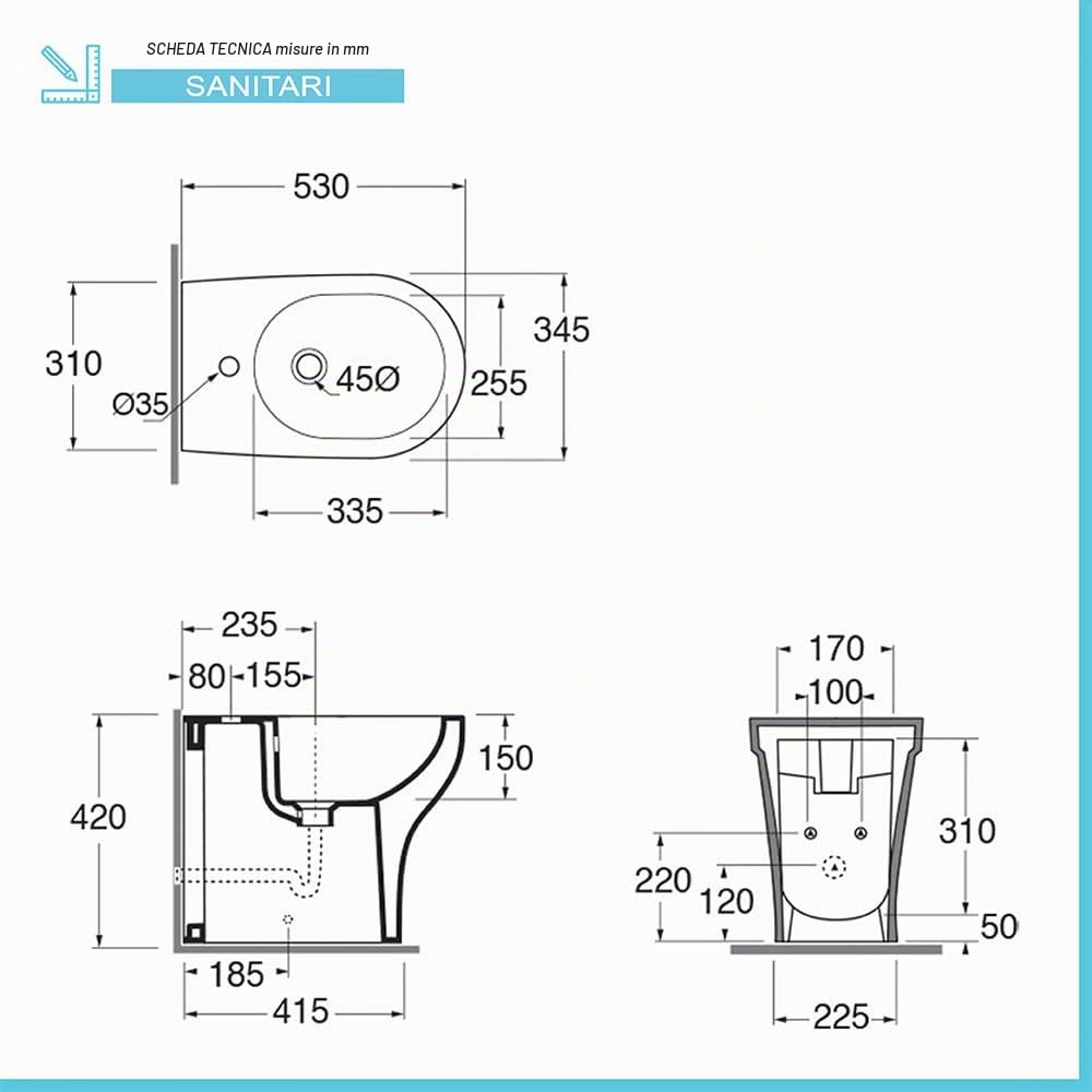Inbagno Sanitari Filo Muro Rimless con Scarico traslato, in Ceramica Bianca Lucida Serie Pratica, Sedile Copri WC Incluso