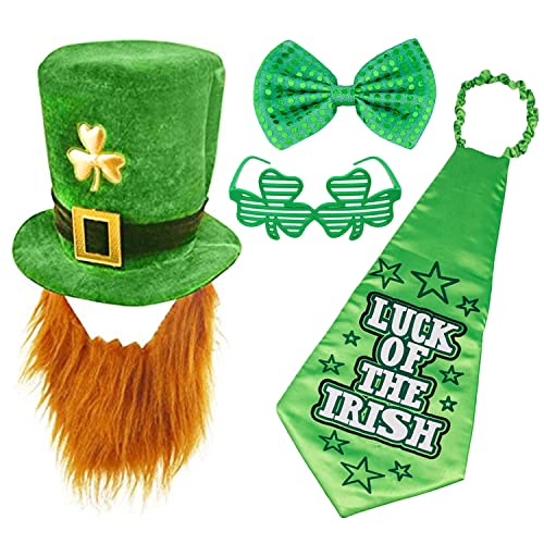DWTECH Lot de 4 costumes de Saint-Patrick comprenant un chapeau de léprechaun avec barbe, un grand nœud papillon vert et un nœud papillon porte-bonheur pour fête,...