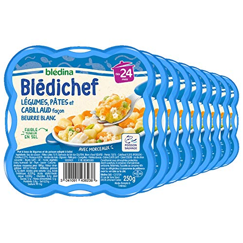 Blédina - Blédichef - Repas Bébé 24 Mois - 9 PlatsLégumes Pâtes Cabillaud - Petits Morceaux - Faible Teneur en Sel - Dès 24 Mois - 9 Assiettes 250g