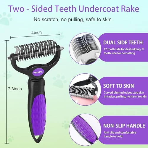 Image of Large Dog 3 in 1 Grooming Kit, Extra Long Pin Slicker Brush Purple | Ideal for Goldendoodles, Poodles; premium wooden handle; undercoat rake; removing thick mats; tangle deshedding