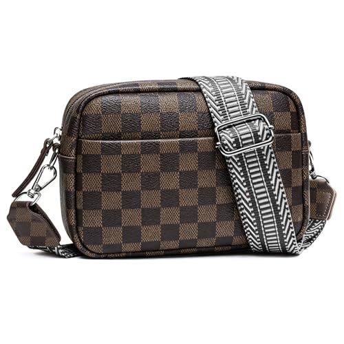 Image of Small Crossbody Bags for Women Genuine Leather, Guitar Strap Shoulder Handbag Purse Camera Bag with Rfid Card Slots, Khaki Checkered