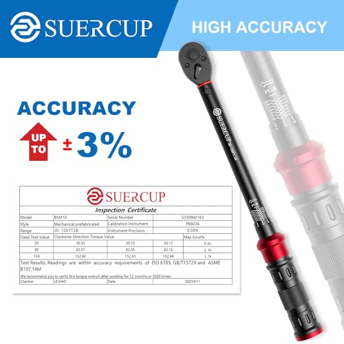 SUERCUP 1/2-inch Drive Torque Wrench - 20-150 ft.lb/27.1-203.3 Nm, Dual-Direction Adjustable 72 Tooth Click Torque Wrench with Buckle for Bicycle, Moto and Car Maintenance