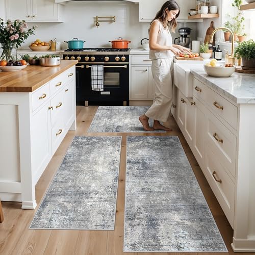 Kitchen Rug Set 3 Piece – Washable Non Slip Runner and Mat Set for Floor Entryway Bathroom Hallway – Soft Low Pile Modern Abstract Neutral Small Rugs (Blue Grey,2x3+2x4+2x5) by BYYVOO - Used condition - US$30.40