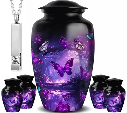 Image of Funeral Cremation Purple Butterfly Urn Sets of 6 with 1 Large Butterfly Purple Urns for Human Ashes Adult Female & Male, 4 Small Purple Urn for Ashes for Women & 1 Pendant for Ashes
