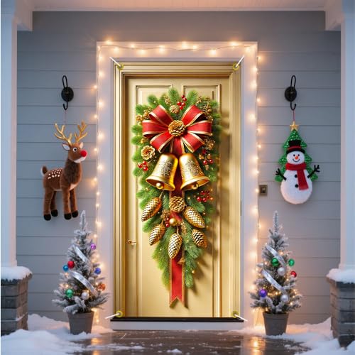 Image of Vertical Pine Swag Door Cover, Red Bow Gold Bell Christmas Front Door Decorations, Pine Cone Holiday Door Banner, Tall Winter Home Entrance Decor, 35.43 x 70.87 Inch