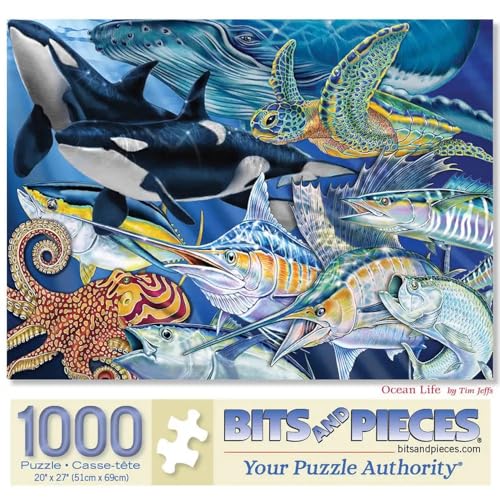 Bits and Pieces Puzzle de 1000 piezas - Vida Oceánica - Criaturas marinas subacuáticas por Tim Jeffs - Animales marinos vibrantes, 20" x 27", Piezas únicas con corte aleatorio miniatura 1