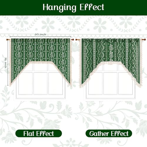 Image of Yinhua Boho Swag Valance Curtains Vintage Linen Valances for Windows Light Filtering Floral Kitchen Valance Rod Pocket Rustic Tassel Window Valances for Bathroom Cafe, 60 inch W x 36 inch L, Olive Green