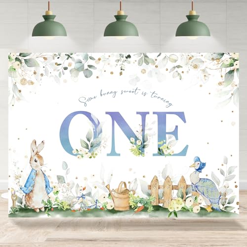 Rsuuinu Bunny 1st Birthday Backdrop Easter Rabbit Eucalyptus Leaves Fence Golden Dots Photography Background Kids Child First Birthday Party Decoration Supplies Banner Photo Booth Studio Props 7x5ft