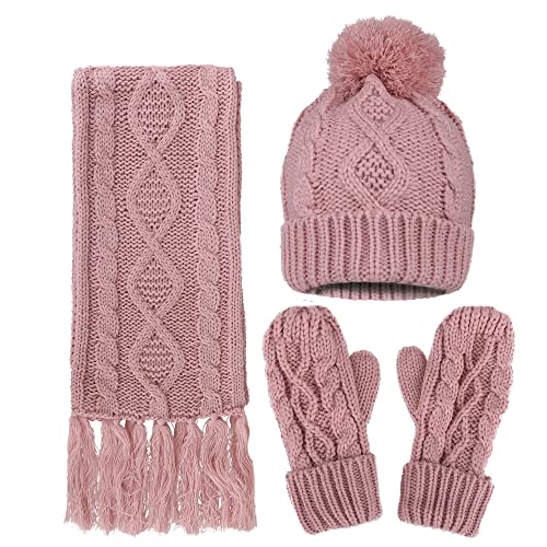 Womens Hat and Gloves Set Winter 3 in 1 - Soft Warm Thick Cable Hat Scarf & Gloves Winter Set, Pink