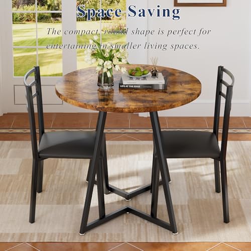 Image of VECELO Small Round Kitchen Table with 2 Upholstered Chairs, 3-Piece Wood Dinette Sets with Steel Frame for Breakfast Nook, Dining Room, and Small Space, Brown