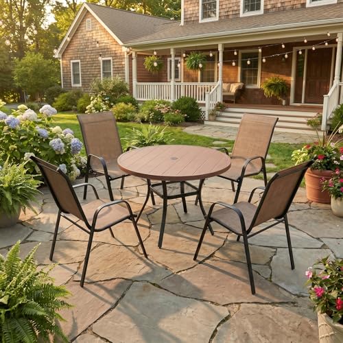 Image of VICLLAX Patio Dining Set for 4, All Weather Metal 5 Pieces Patio Set-40.6 inch Round Outdoor Table and Stackable Chairs for Lawn Garden and Backyard, Walnut Wood Grain Tabletop