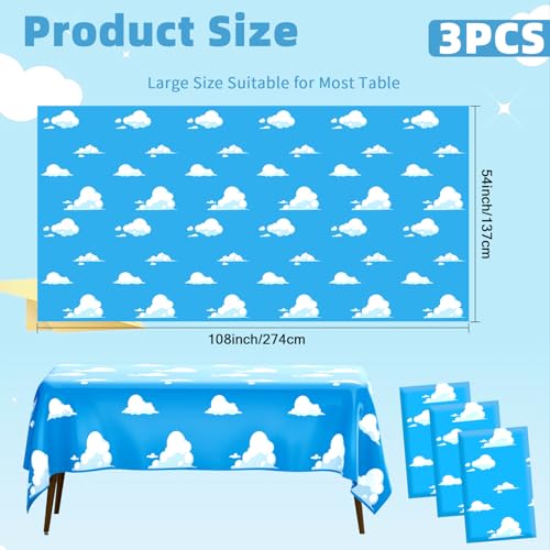 Image of 3 PCS Blue Sky and White Clouds Party Tablecloth, Cartoon Story Tablecloth, Disposable Plastic Rectangle Cartoon Table Cover for Boys Girls Baby Shower Picnic Birthday Party Decorations, 54x108 Inch