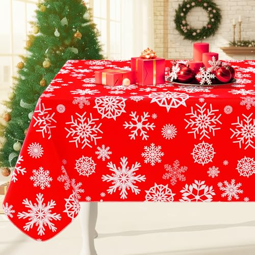 Smiry Christmas Rectangle Table Cloth, Waterproof Vinyl Tablecloth with Flannel Backing, Wipeable Snowflake Plastic Tablecloths for Christmas Table Decorations (60"x84", Christmas Red)