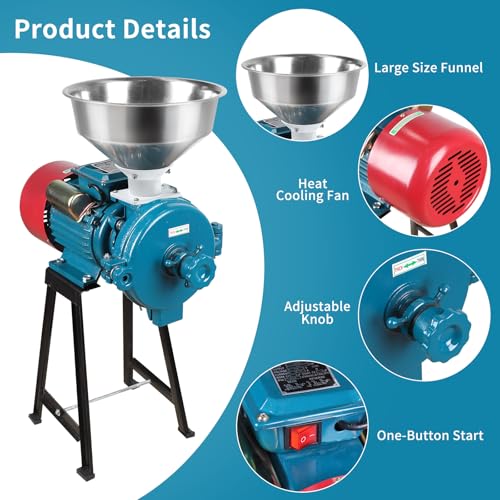Image of Electric Grain Mill Grinder 3000W 110V | Commercial Corn Grinder with Funnel, Thickness Adjustable, For Grain Corn Rice Herbs Pepper Powder, Dry Use