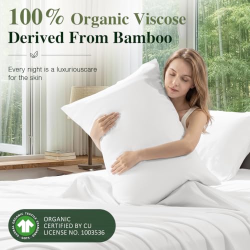 Image of 100% Organically Grown Bamboo Viscose Queen Sheet Set with Pockets on Side | Hotel Luxury Bed Sheets Set, Deep Pocket Up to 16 Inches, Ultra Soft Cooling Sheets 4pcs (White)