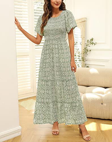 Image of Kranda Women 2025 Summer Fall Crewneck Short Sleeve Smocked Floral Maxi Dress