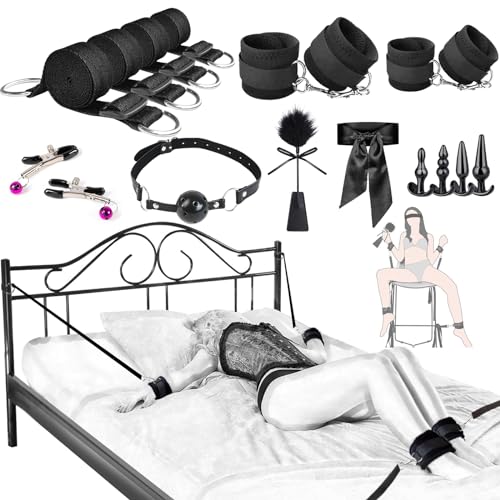Image of Couples Sex Toys Set, 17 PCS-Adult Toys-with Restraint Straps & Bondage Cuffs & Anal Plug & Nipple Clamps & Feather & Sex Whip & Sex Blindfold, DIY Bondage Restraints SM Games for Couples