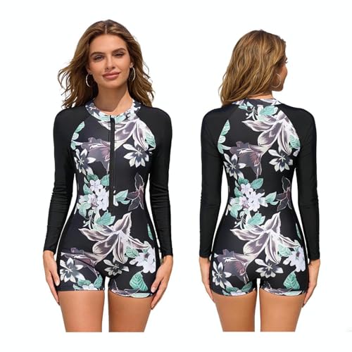 Maillot de bain 1 pièce femme manches longues tankini fleuri protection solaire