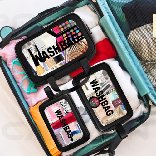 Image of CATRON Makeup PVC Water-Resistant Cosmetic Bag Set 3 Wash Bag Pouch for Multifunctional Travel Kit Toiletry Bag Portable Organizer Case Carry Pouch for Women Bathroom Set (Black)