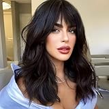 KOME Black Wig with Bangs,Black Wavy Wigs for Women,Shoulder Length Curly Synthetic Hair Wig for Party Daily Use 18IN…