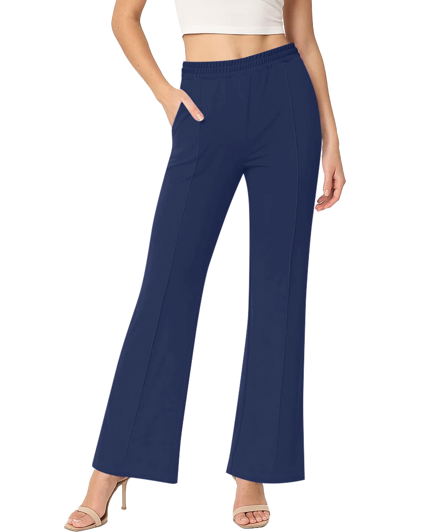 Womens High Waisted Flare Pants Stretchy Business Casual Holiday Trousers with Pockets for Women Trendy