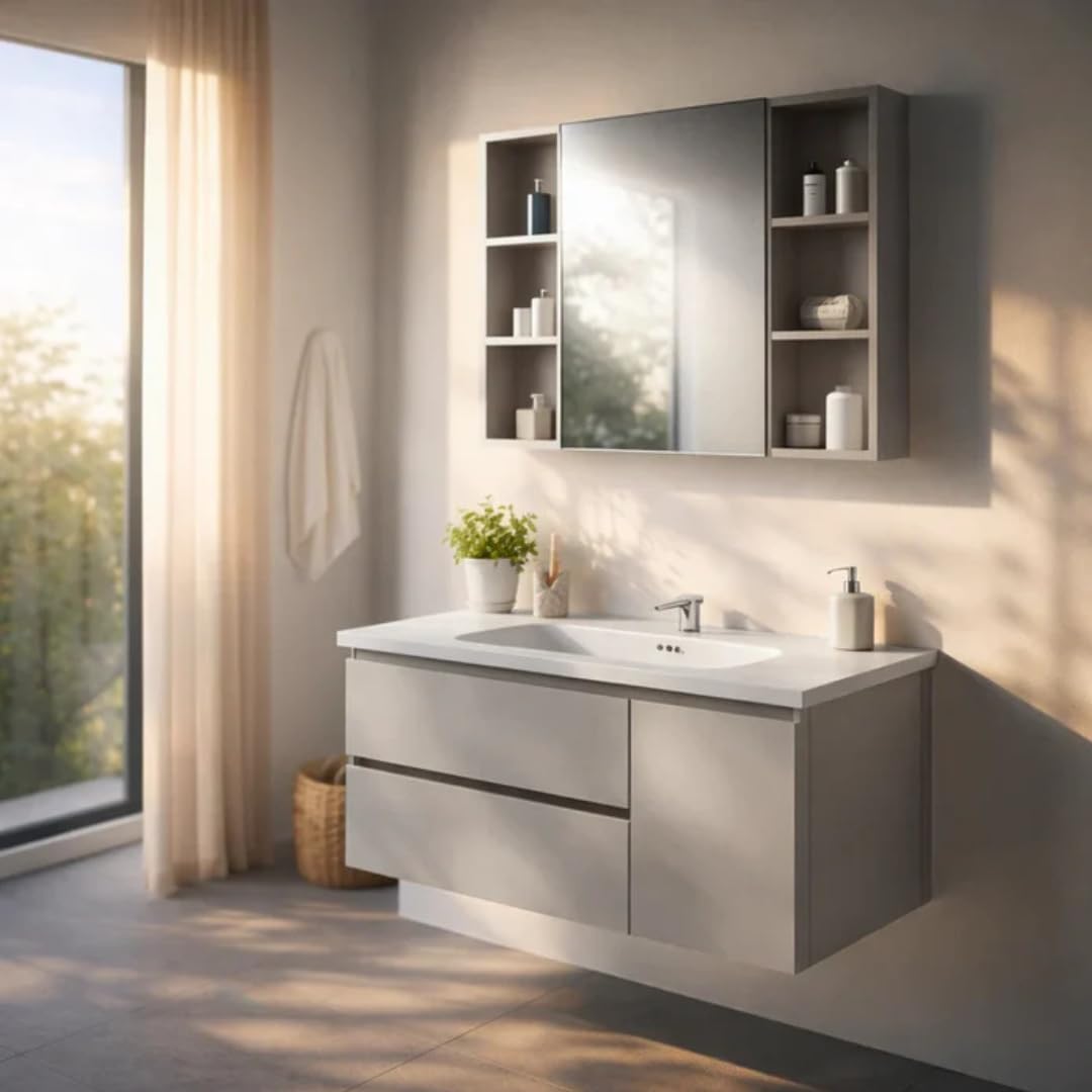 FUTURE HOME Mobile Bagno Sospeso 100 cm in ALLUMINIO – Non si gonfia con l’umidità – Lavabo in Ceramica + Specchio Contenitore – Design Moderno Salvaspazio