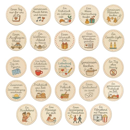 PIujsym 24 Kleinteile für den Adventskalender, Holz-Gutscheine Set für Paare 2025 - Kreative Date Ideen, Erlebnisgeschenke für Weihnachten,...