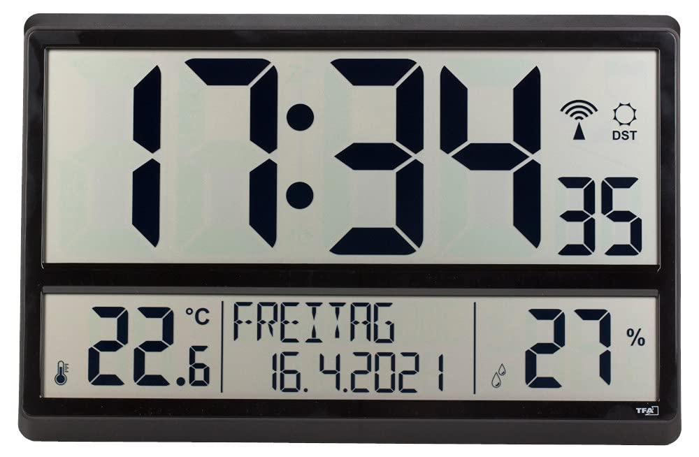 TFA Dostmann 60.4520.01 - Orologio da parete radiocontrollato digitale XL con temperatura interna, data e giorno della settimana (nero con batterie)