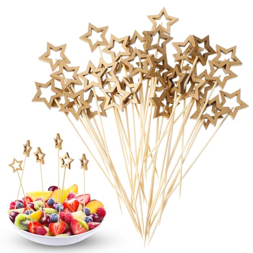 50 brochetas de cóctel con estrellas, para comida natural, palillos de madera natural, palillos de dientes, palillos para dedos, para cócteles, fiestas, cócteles, para queso, para fiestas de