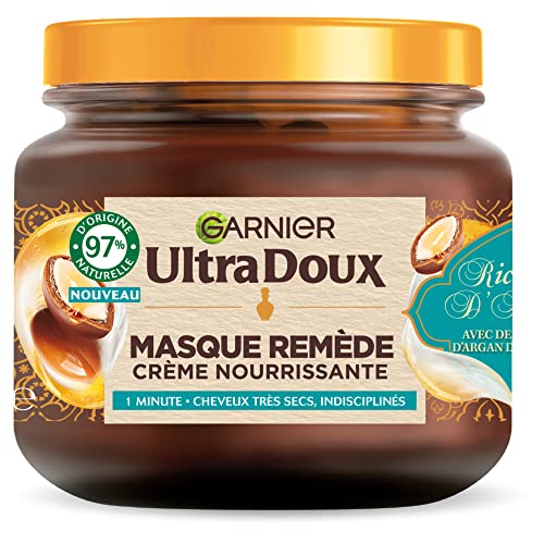 Garnier Ultra Doux – Mascarilla disciplinante – Crema nutritiva Riqueza d'Argán – para cabello muy seco e indisciplinado – Sin silicona y sin parabenos – 340 ml