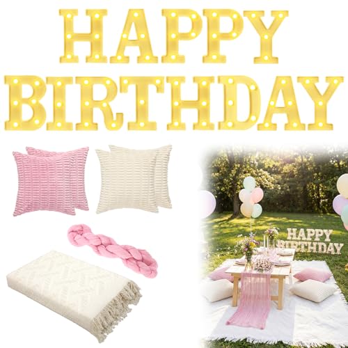 Redbaker Happy Birthday Light up Letters Pink Picnic Set 91x71 Blanket