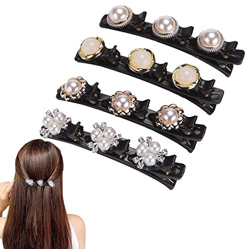 Braided Hair Clips for Women, 4Pcs Sparkling Crystal Stone Braided Hair Clips with 3 Small Clips, Satin Fabric Hair Bands, Rsvelte Triple Hair Clips with Rhinestones for Girls