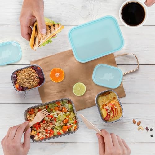Image of Tanjiae 3 CUP+1 CUP Stainless Steel Lunch Snack Containers Set | Leak Proof 304 Stainless Steel Food Containers with Silicone Lids - Perfect Metal Lunch Box for Home and Travel (25oz+8oz*2)