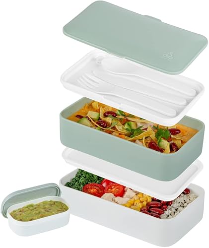 Bento Tek - Lonchera todo en uno de 41 onzas, verde y blanco, con utensilios, taza de salsa, 7 14 x 4 14 x 4 14 x 4 pulgadas, 1 caja