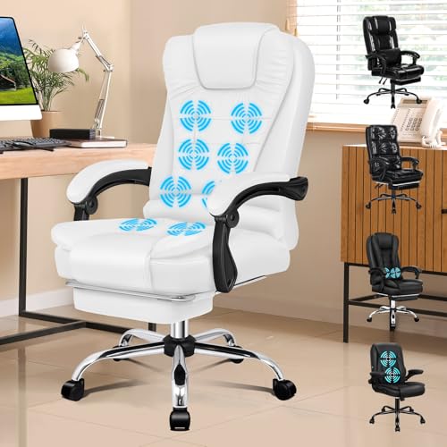 ALFORDSON Bürostuhl mit Massagefunktion, ergonomisches Design mit großer Sitzpolsterung, Lendenwirbelstütze, Rollen, für reibungslose Mobilität im Büro, Weiß