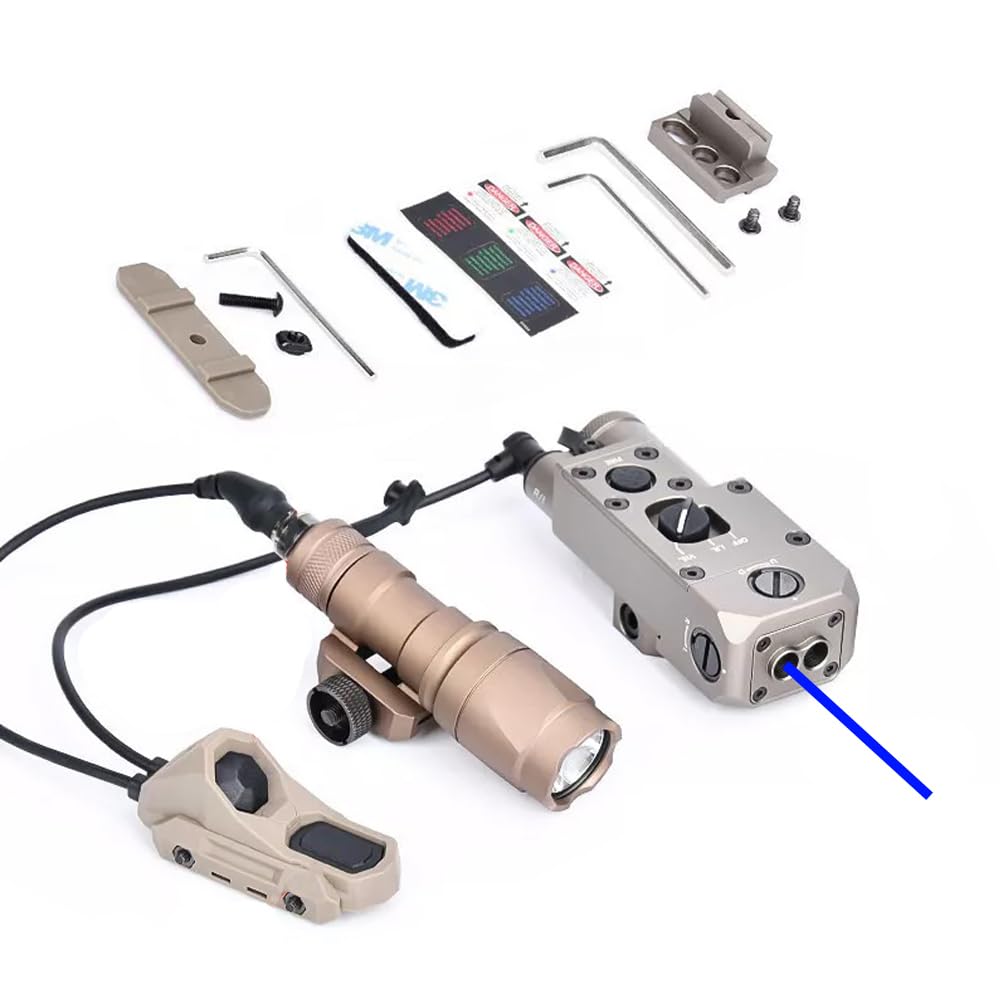 Metal CQL-1 Box Aiming Laser Sight Indicator(with Blue Laser + IR Laser), & M300A Strong LED White Flashlight, & AX Modular Dual Wire Remote Pressure Switch(SF+2.5 Plug) Combo, Tan
