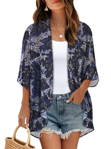 Image of Women's Floral Print Puff Sleeve Kimono Cardigan Loose Cover Up Casual Blouse Tops 2026