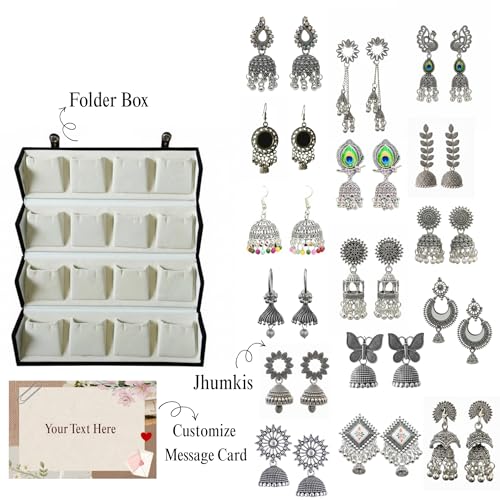 Image of Set of 16 Oxidised Silver Look Jhumka Earrings Box for Women | 16 Pairs Traditional Ethnic Jhumki Combo Gift Hamper with Velvet Box | Festive Wedding Jewellery | Gift For Women