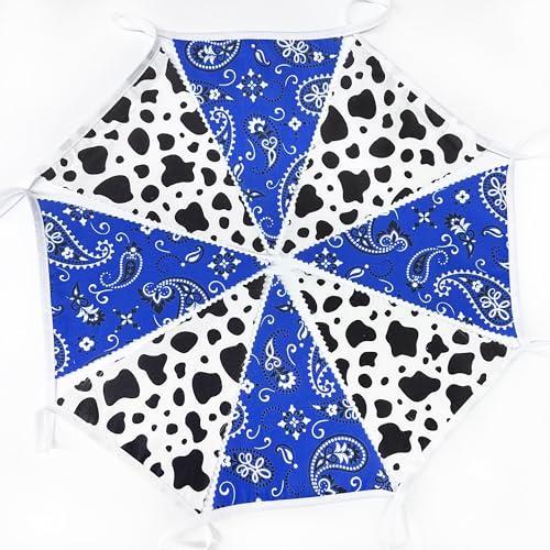 Image of 32Ft Western Cowboy Party Decorations Blue Paisley Bandana Pennant Banner Fabric Triangle Flag Wild West Garland Streamers for Western Cowboy Birthday Yee Haw Country Baby Shower Party Decor Supplies