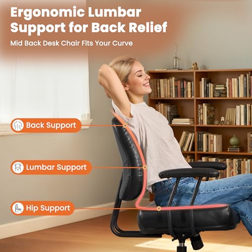 Image of Leather Home Office Chair, Mid Back Ergonomic Desk Chair with Lumbar Support, Mid Century Modern Deep Seat Swivel Rocking Computer Chair, Black
