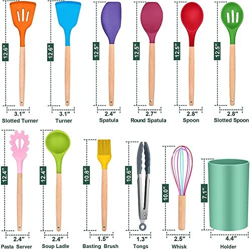 Image of Silicone Cooking Utensil Kitchen Utensils Set 12 Pcs, Cooking Tools for Nonstick Cookware Heat Resistant, BPA Free Silicon Spatula Utensil Sets, with Wooden Handle - Multi Colour