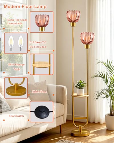 Image of Lightdot Glass Floor Lamp with Table 2-Lights Modern Gold Standing Tall Lamps with Pomegranate Red Lotus Glass Shade,LED Floor Lamp with Foot Switch for Living Room Bedroom Office (Bulbs Included)