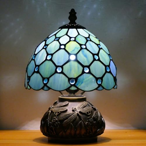 Handmade Tiffany-Style Stained-Glass Mushroom Table Lamp (8in, Sea Blue)