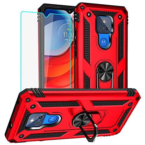 Yiakeng for Moto G Play 2021 Case, Moto G Play 2021 Phone Case with HD Screen Protector, Military Grade Protective Cases with Ring for Moto G Play 2021 (Red)