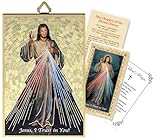 Divine Mercy Image Plaque - Divine Mercy Chaplet Prayer Card, The Lord's Prayer Card - Gold Foil Divine Mercy Picture - Cuadro De La Divina Misericordia - Wooden Jesus Wall Art Set of 3 Items