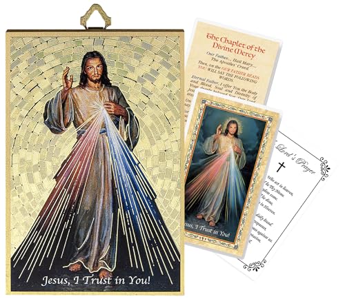 Divine Mercy Image Plaque - Divine Mercy Chaplet Prayer Card, The Lord\'s Prayer Card - Gold Foil Divine Mercy Picture - Cuadro De La Divina Misericordia - Wooden Jesus Wall Art Set of 3 Items
