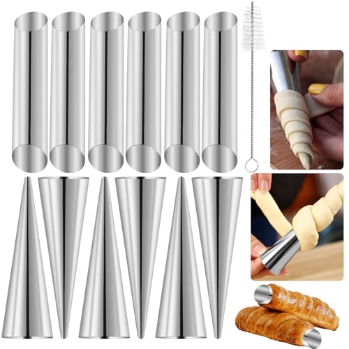 Schaumrollenformen Edelstahl Set – 25-teiliges Backzubehör mit 12 Kegel- & 12 Röhrenformen, inkl. Reinigungsbürste – Antihaft-Cannoli & Schillerlockenform für Croissants & Blätterteiggebäck