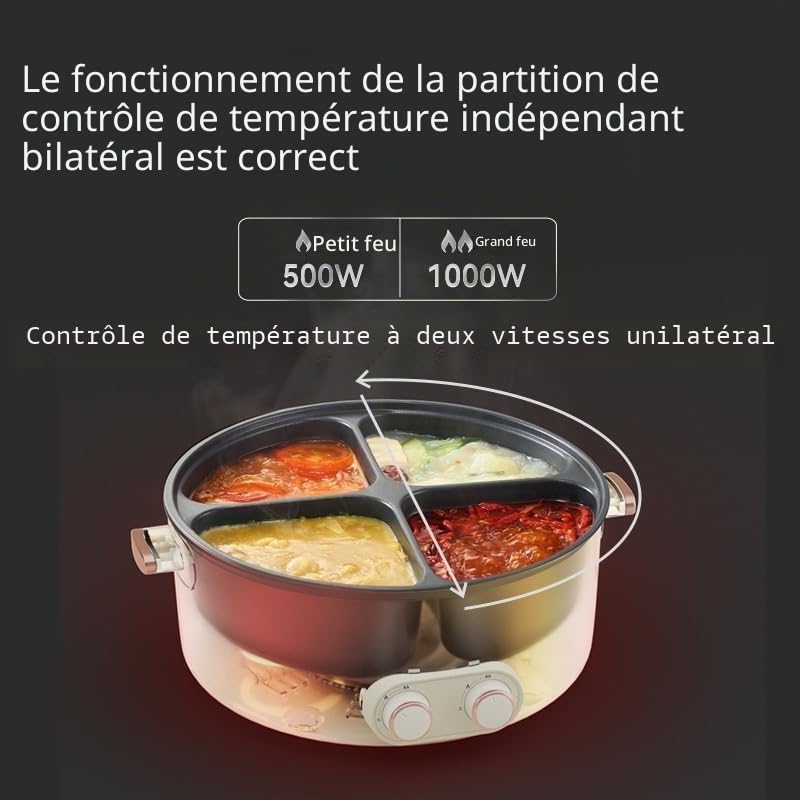 Casserole électrique de 2000W, 6L avec plusieurs compartiments et double contrôle de température, plat chaud électrique pour la maison et le dortoir